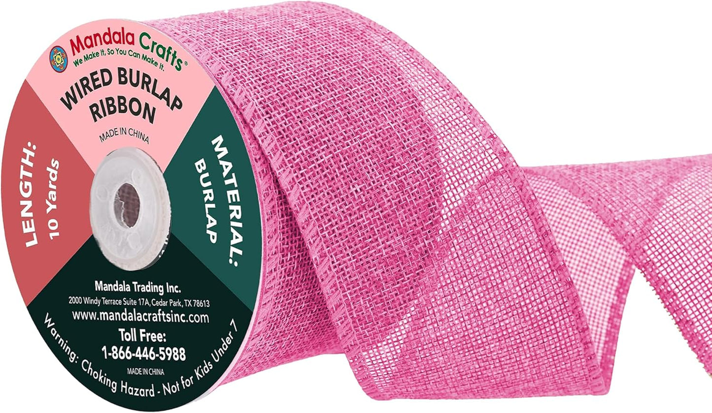 Mandala Crafts Pink Burlap Wired Ribbon 2.5 Inches Wide Jute Ribbons for Crafts - 10 Yds Roll Rustic Burlap Wrap Trim Ribbons for Wreaths Bows Party Decoration