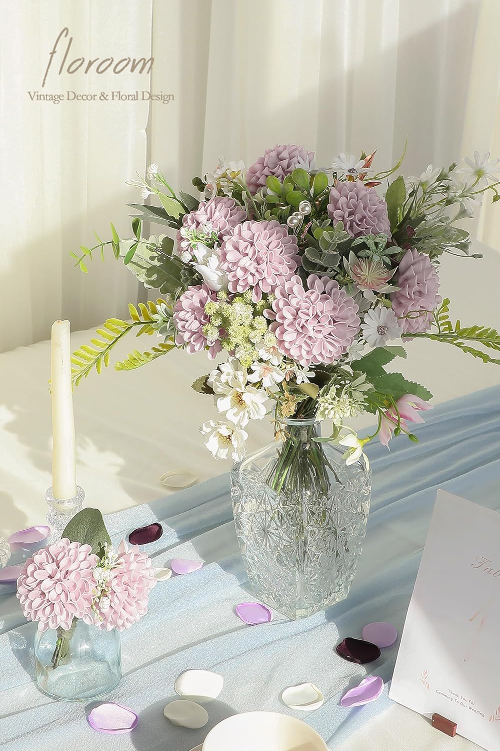 Floroom Artificial Dahlia Flowers 25pcs Real Looking Pale Lavender Foam Fake Roses with Stems for DIY Wedding Bouquets White Bridal Shower Centerpieces Floral Arrangements Party Tables Home Decoration