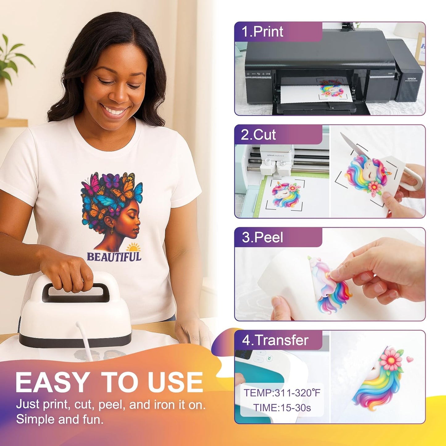 HTVJOYDO Iron-On Heat Transfer Paper for T-Shirts, 25 Sheets 8.5x11", Iron on Vinyl for Light Fabric, Printable Heat Transfer Vinyl for Inkjet Printer, Perfect for Summer Crafts