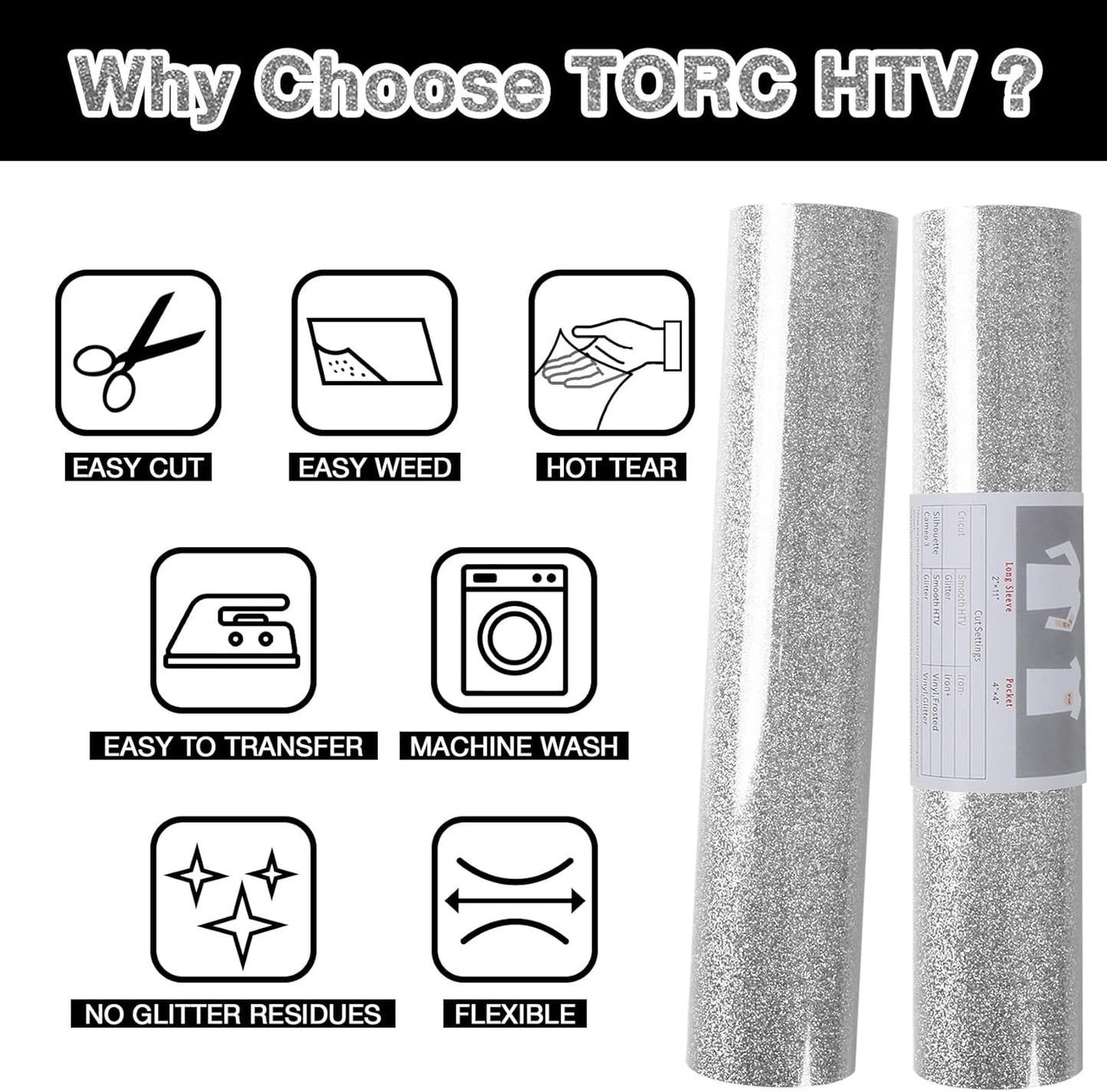 TORC Silver Glitter HTV Heat Transfer Vinyl Roll 12 inch x 20 ft Iron on Vinyl for T Shirts Crafts Bulk
