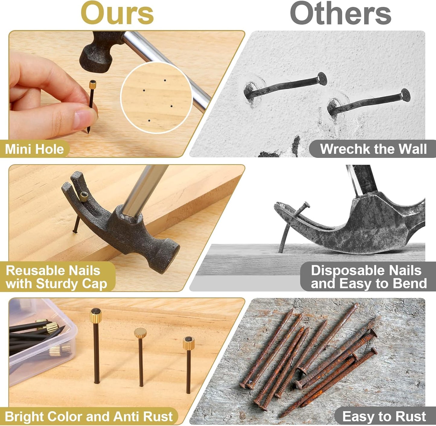 90PCS Picture Hanging Nails, 3 Sizes Wall Decorative Nails for Hanging Pictures Frame Kit Hanging Hardware Tool Hangers for Claw Drywall Nails (Small Medium Large Nails)