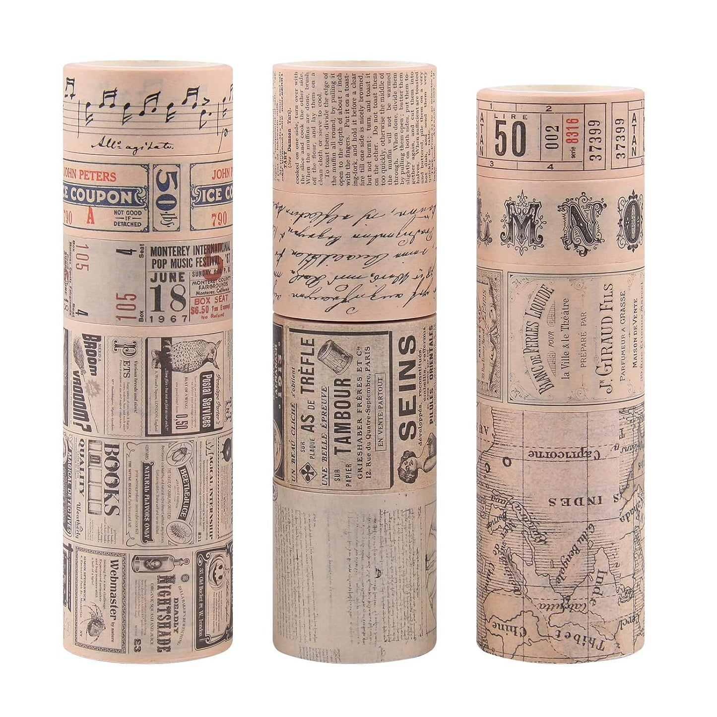 Dizdkizd Washi Tape Set, 12 Rolls Antique Masking Tape Washi Tape Map Newspaper Vintage Stickers Scrapbook Decorative Tape Bullet Journal Supplies Brown Junk Journal Supplies