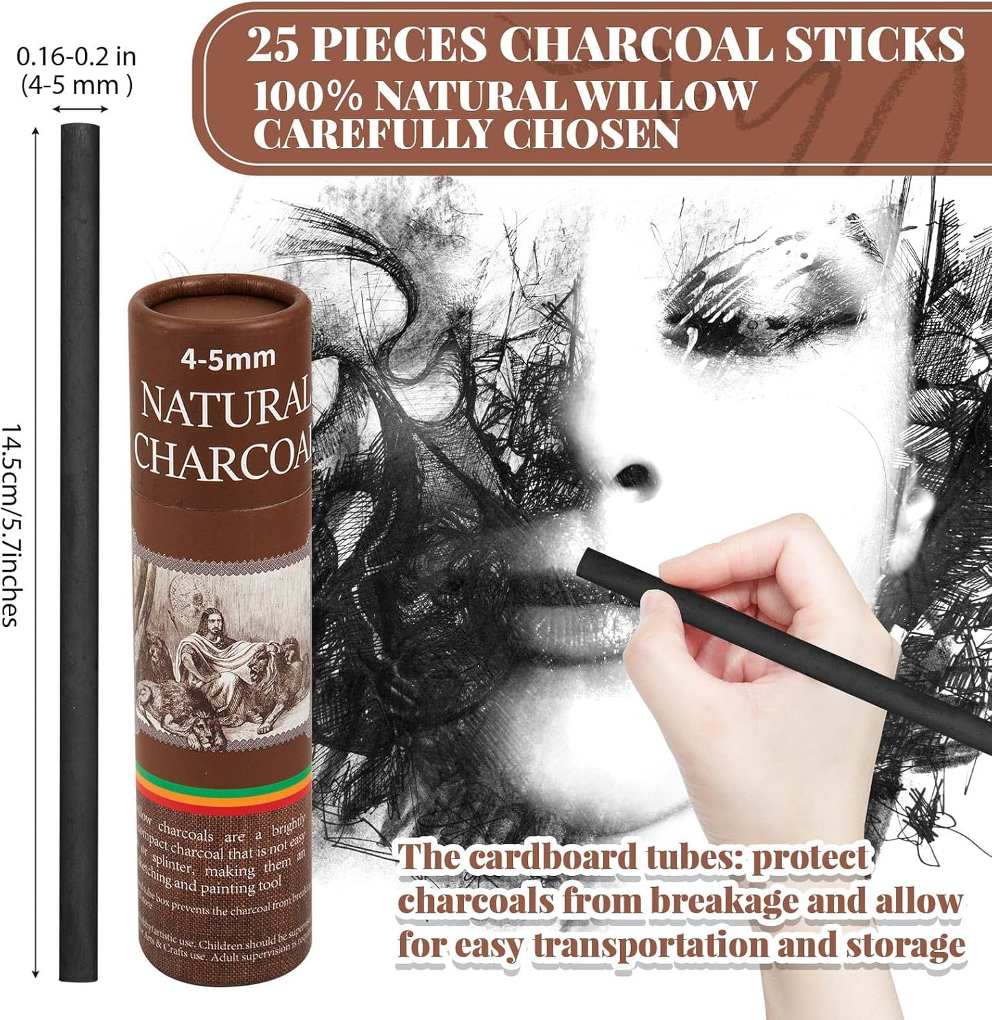 Gueevin 25 Pcs Willow Charcoal Sticks, Willow Charcoal, Artists, Beginners, Students, Perfect for Sketching, Drawing, Shading, and Fine Art Christmas Gifts for Art (4-5mm)