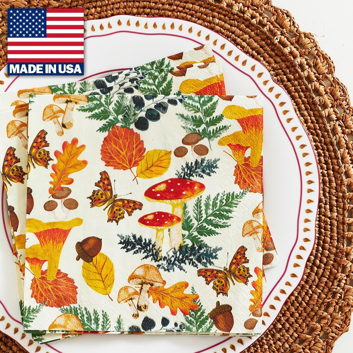 Talking Tables 100 x Disposable Fall Paper Napkins - Made in USA -2ply Recyclable Disposable Bulk Serviettes Decoupage Autumnal Patterned Napkin Thanksgiving Harvest Woodland Mushrooms Christmas