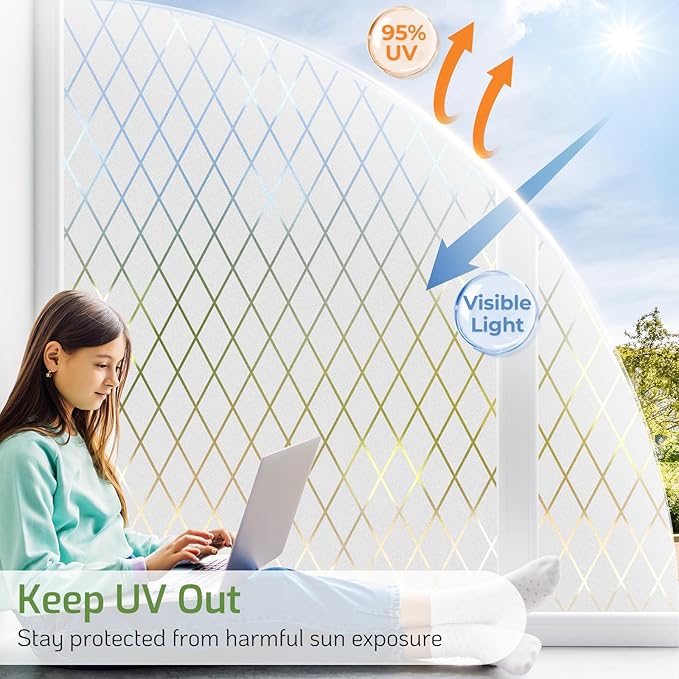 LUTE Frosted Window Privacy Film, Static Cling UV Sun Blocking Heat Control Window Cover, Removable Non-Adhesive Glass Sticker Vinyl Decorative Frosting Decals for Home Office, Lattice, 35.4" x 157.4"