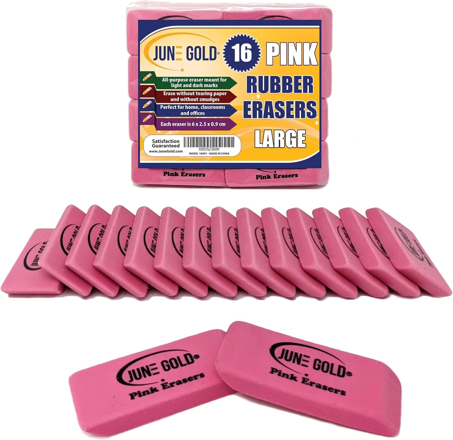 June Gold 16 Pink Rubber Erasers - This All-Purpose Eraser is not Too Hard and not Too Soft and is Perfect for classrooms, Homes & Offices