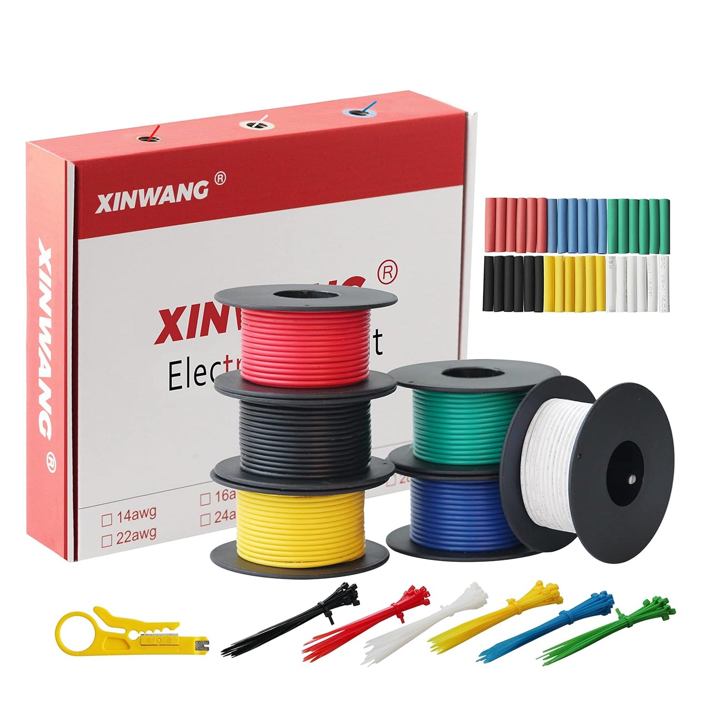 24 Gauge Electrical Wire,24 awg Wire-XINWANG 24 Gauge Stranded Tinned Copper Wire with PVC Insulation(OD:1.4 mm) 6 Colors,33ft Each, Hook Up Wire Kit