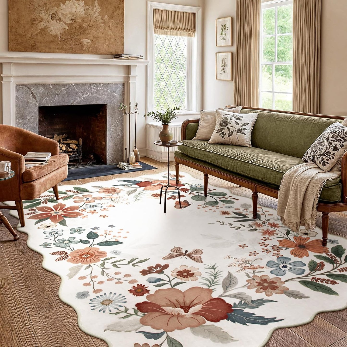 Beeiva Living Room Area Rug 6 x 9 - Scalloped Floral Printed Boho Flower Rugs for Bedroom Playroom Soft Non Slip Large Aesthetic Carpet for Nursery Dorm Office(Beige,6x9ft)