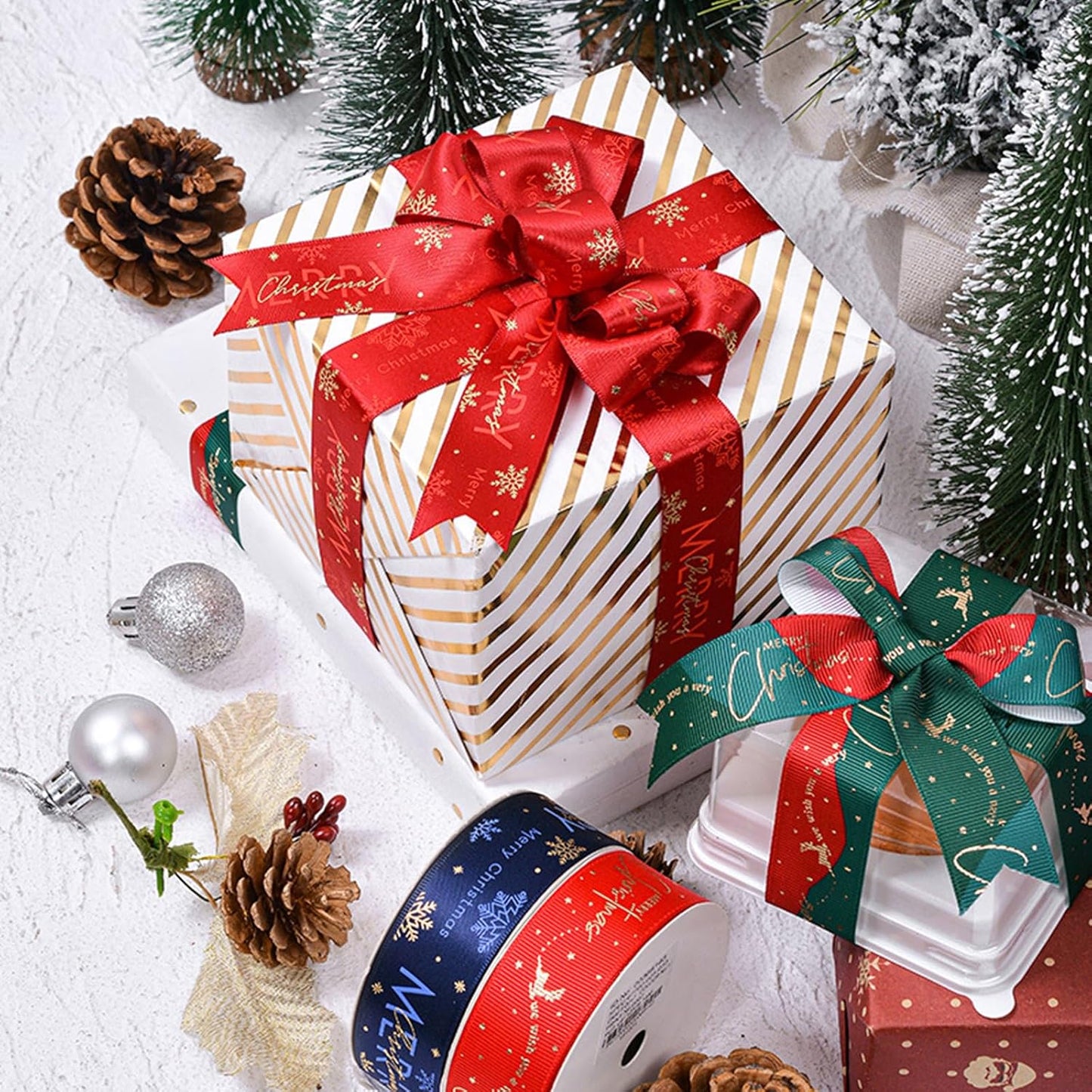 Christmas Gift Wrapping Ribbon, Red, Green, 2 Rolls Printed Grosgrain Ribbons for Crafts, Floral Bouquets, Sewing, Party and Festive Holiday Decor (2 Rolls(Color Blocking/Red), 1 Rolls=1in * 5Yards)