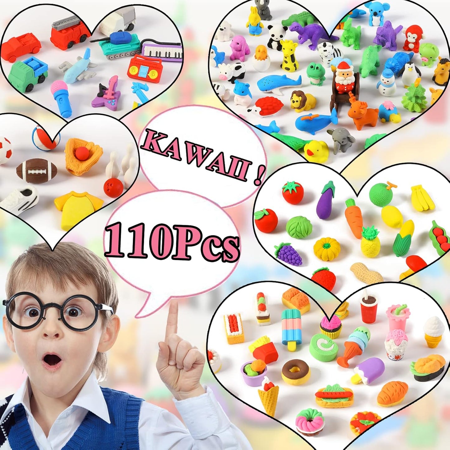 110Pcs Animal Erasers Kids Desk Pets Pencil Erasers 3D Puzzle Eraser Bulk Mini Animal Food Toys Fun Cute Eraser for Classroom Rewards, Game Prizes, Treasure Box, Easter Egg Fillers