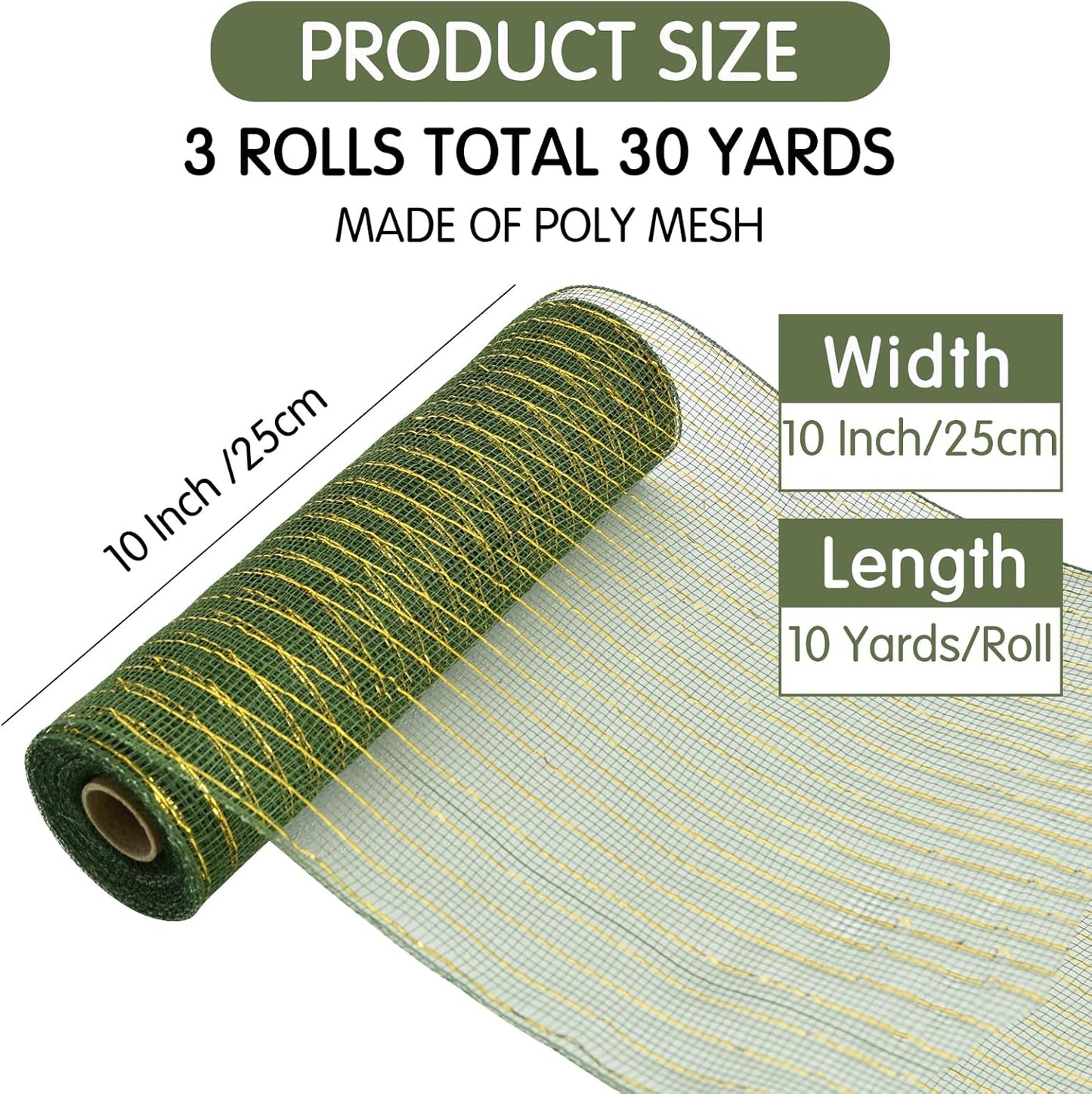 TONIFUL 10 Inch 3 Rolls Khaki/Orange/Green Decorative Mesh Ribbons, Fabric Mesh with Foil for Tree Home Front Door Wreaths Decorations Supplies, for Thanksgiving Fall（3 Colors, 10yards/ roll）