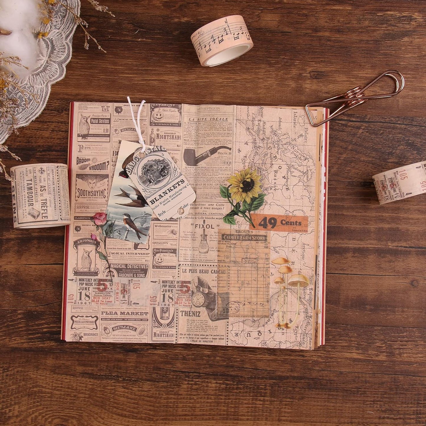 Dizdkizd Washi Tape Set, 12 Rolls Antique Masking Tape Washi Tape Map Newspaper Vintage Stickers Scrapbook Decorative Tape Bullet Journal Supplies Brown Junk Journal Supplies