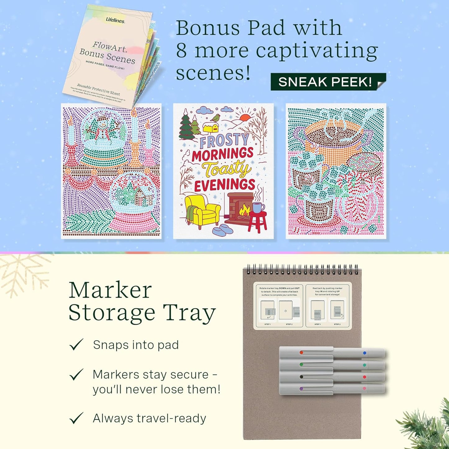 Lifelines FlowArt Activity Pad, 2-Pack Winter Set + Bonus Pad - Guided Art Meditations with Markers – Dot-by-Letter & Illuminate & Create - Coloring Books for Tweens, Adults & Seniors