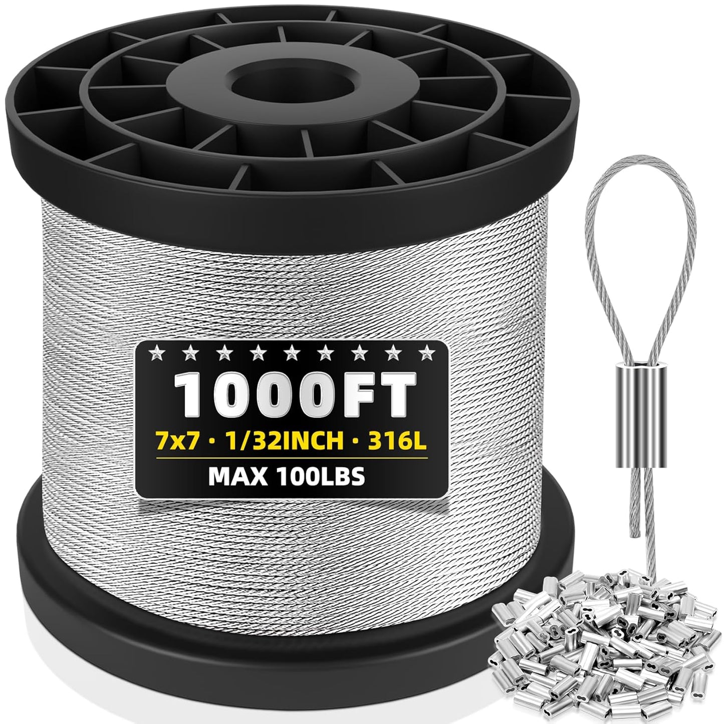 316 Stainless Steel Cable, 1000FT 1/32IN Wire Rope with 250Pcs Aluminum Sleeves Stops, for String Lights Hanging, Clotheslines, Trellis Wire