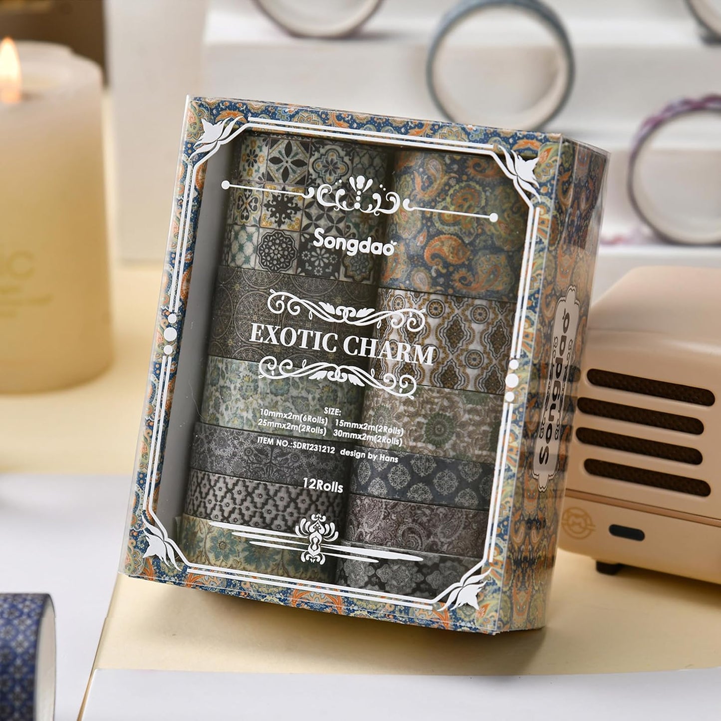 12 Rolls Exotic Charm Washi Tape Set Floral Arts Adhesive Tapes Geometric Garden Decorative Masking Tape Sets for Craft, Kids, Scrapbook, DIY, Gift Wrapping (Amber Tranquility)