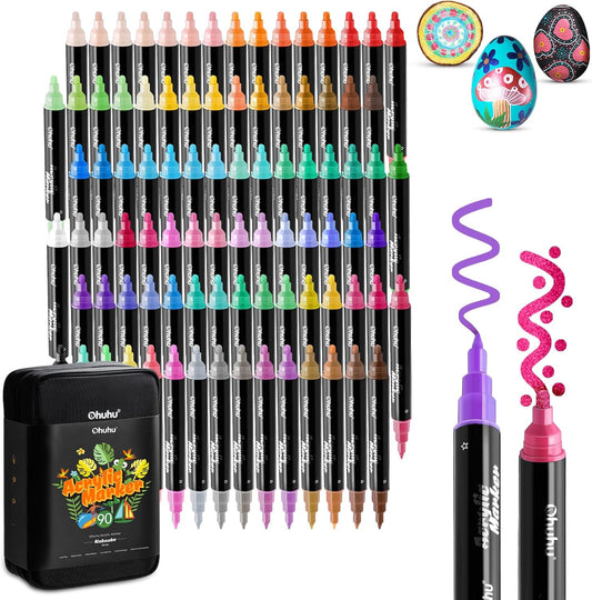Ohuhu Acrylic Paint Pens 90 Colors: Dual Tips (Round & Fine) Acrylic Markers High Opacity Paint Markers Waterproof Lightfast for Rock Painting Easter Eggs Wood Glass Ceramic Canvas - Kakaako
