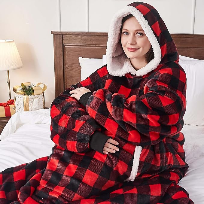 yescool Wearable Blanket Hoodie, Flannel Sherpa Fleece Blanket Sweatshirt for Adults Women Men,One Size Fits All