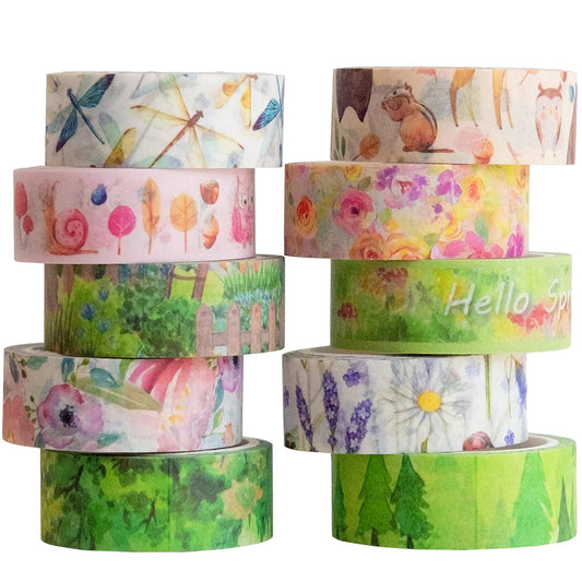 YUBBAEX 10 Rolls Four Seasons Washi Tape Set Green Grass Flowers Masking Decorative Tapes (Spring)