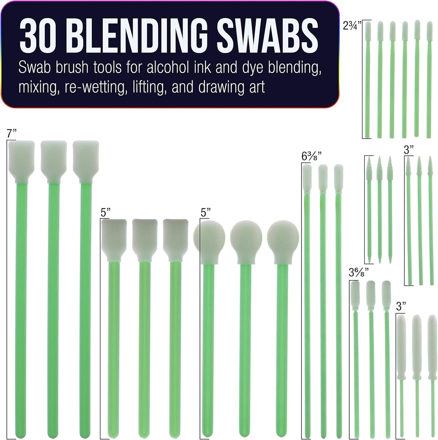 U.S. Art Supply 30 Alcohol Ink Blending Swabs - Foam Tip Brushes, Assorted Shapes and Sizes - Mixing, Blending, Re-Wet, Lift Ink, Dye, Paint, Drawing on Yupo Paper, Art and Craft Mediums, Epoxy Resin