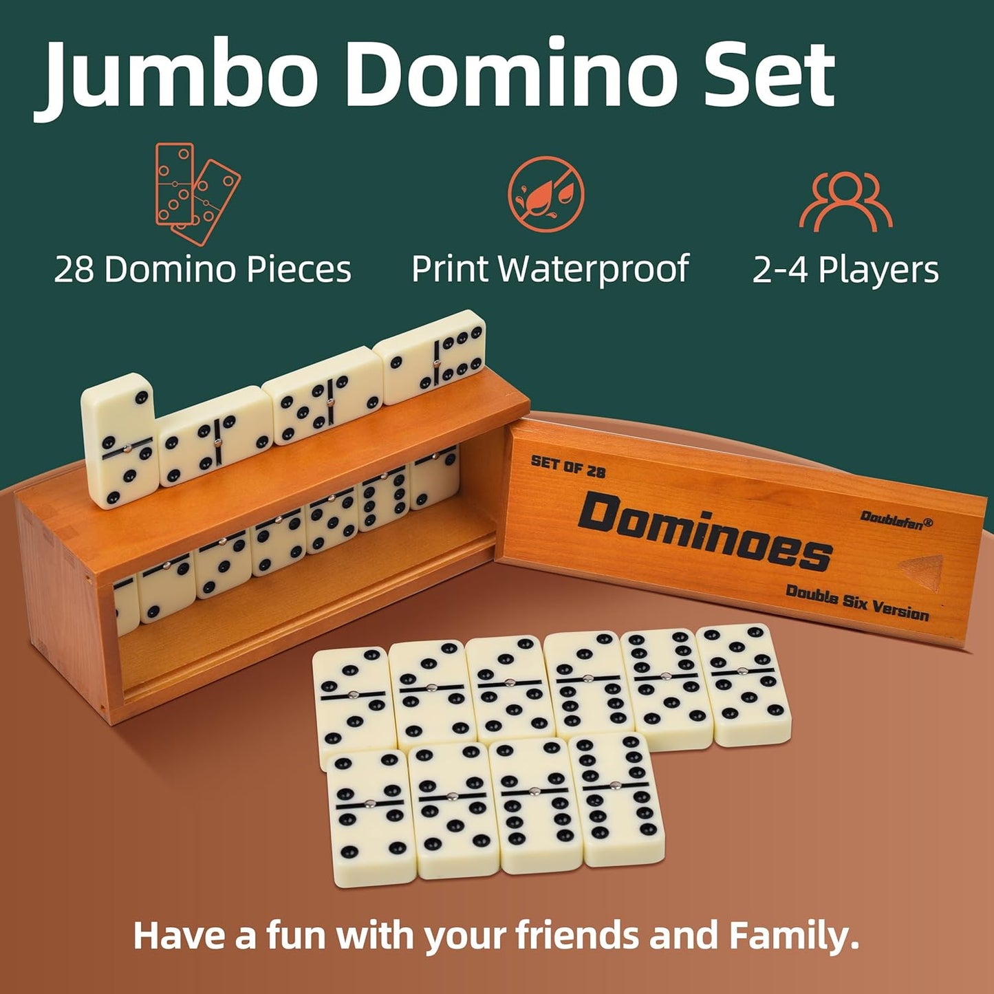 Dominos Set for Adults, Jumbo Size Double 6 Dominoes Set, Classic Board Game for Adults and Elderly, Double Six Thick Size Domino with Spinner 28 Tiles in Exclusive Brown Wooden Box.