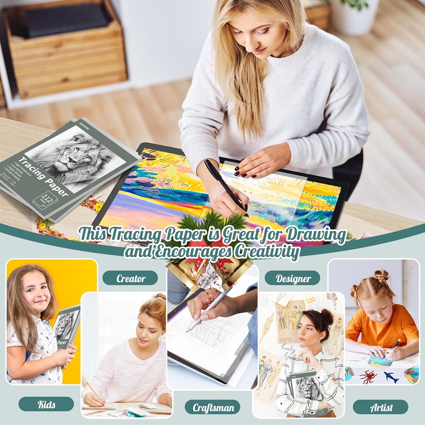 Tracing Paper 8.5" x 11", 112 Sheets Transparent Vellum Paper for Tracing Pads, Christmas Birthday Gifts for Adults Teens, 25lb/41gsm Translucent Tracing Paper for Sketching, Drawing, Overlays