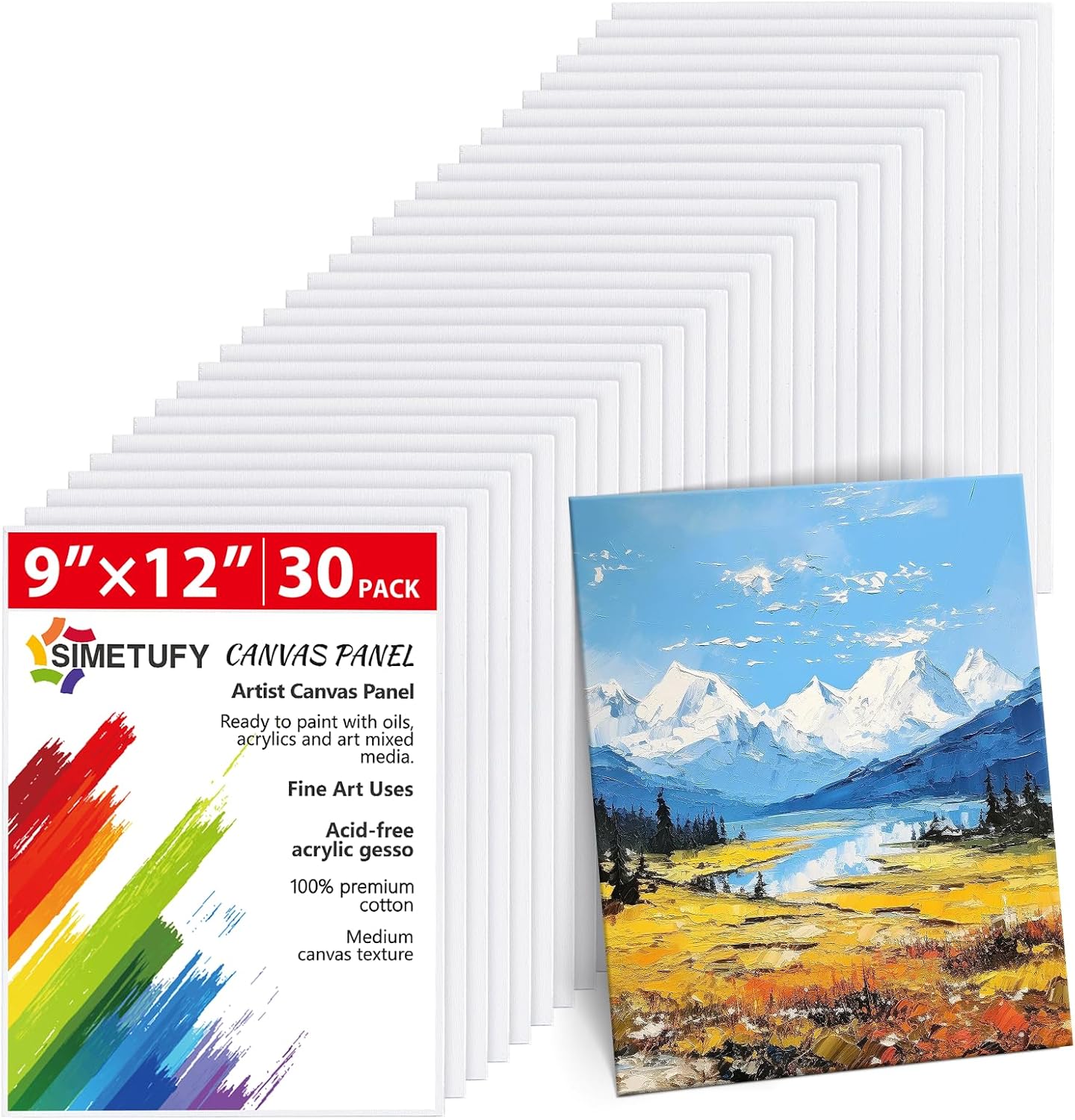 Simetufy 30 Pack 9x12 Inch Canvas Boards for Painting Bulk, Kids Art Novices Blank Canvas Panels, Gesso Primed 100% Cotton for Acrylic Oil Watercolor Tempera Paint