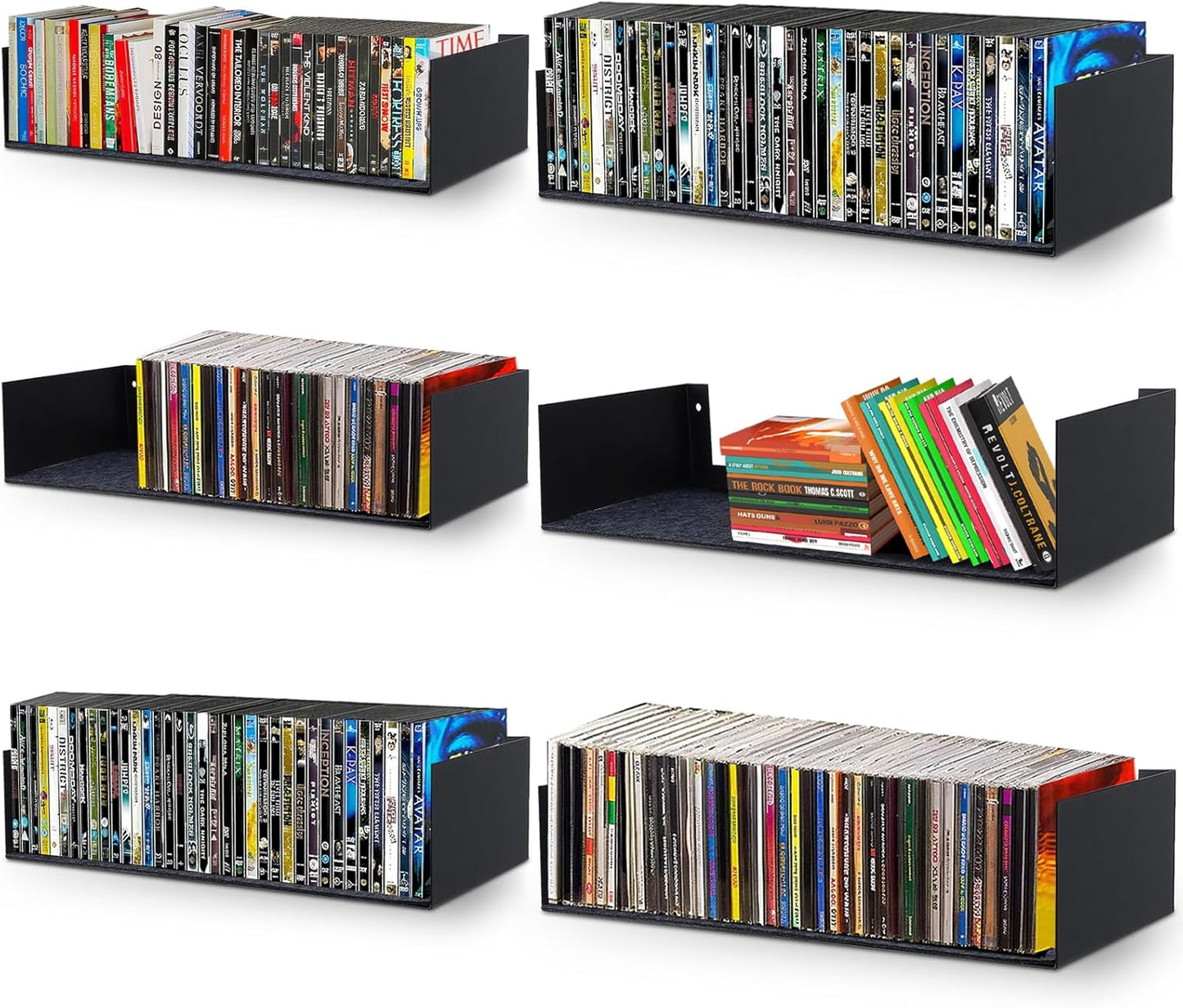 U Shape Floating Shelves Wall Mount Metal Bookshelf CD DVD Storage Display Shelves, Black Set of 6