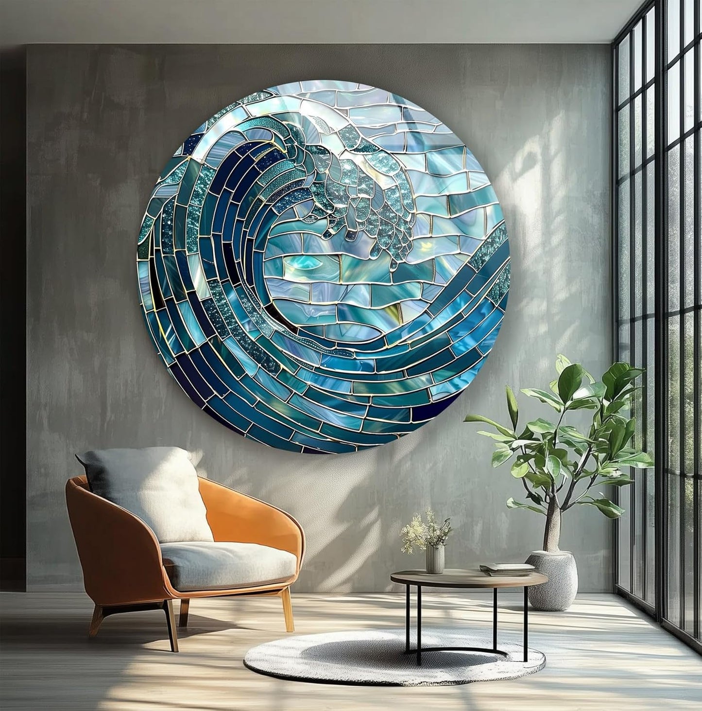 My Photostation.com 39,4''(100cm) Diameter Ocean Wave in Blue Mosaic Round Glass Wall Art Tempered Glass Printing Wall Decor Large Wall Art Wall Hangings