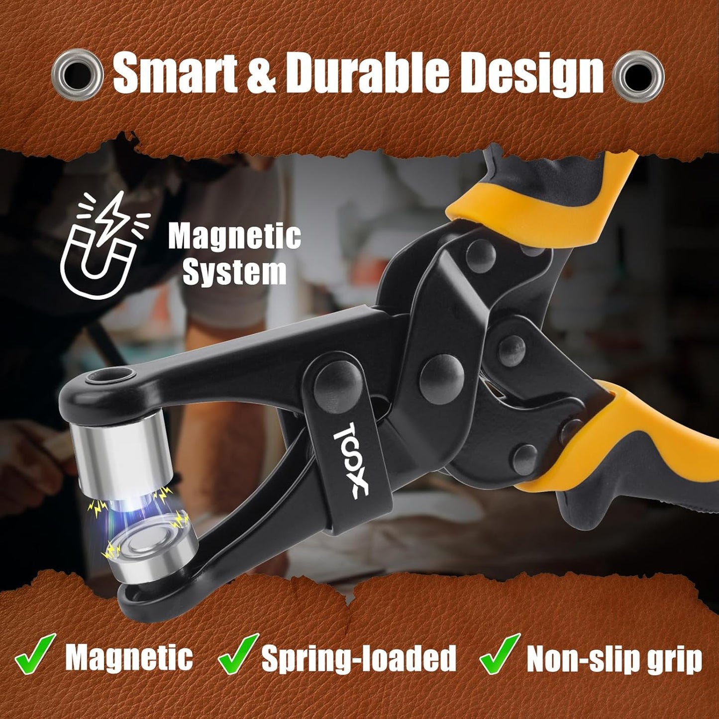 XOOL 2-in-1 Grommet Tool Kit, 1/2" & 3/8" 12mm&10mm Twist-Change Heads, Leathercraft Punching Tool with Magnetic System for Canvas, Leather, Tarps, DIY - 400PCS Grommets & Washers Included