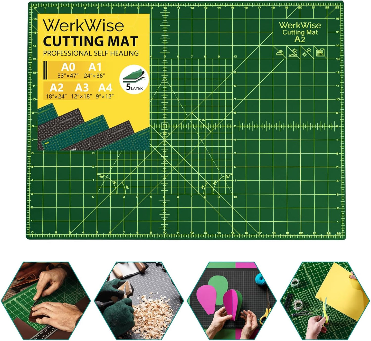 Thickness-Upgraded 18" x 24" Self Healing Sewing Mat, WerkWise Rotary Cutting Mat, Double Sided 5-Ply 18x24 Inch Cutting Board for Quilting, Fabric, & Crafts, Use with Rotary Cutters (Green & Black)