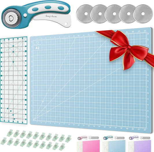 Rotary Cutter Set turquoise - Quilting Kit incl. 45mm Rotary Cutter, 5 Replacement Blades, A2 Cutting Mat, Acrylic Ruler and Craft Clips - Ideal for Crafting, Sewing, Patchworking, Crochet & Knitting