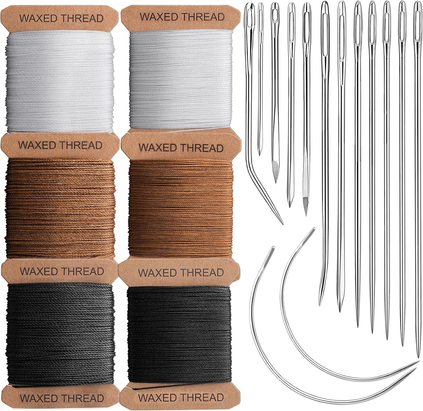 IMZAY 132 Yards Upholstery Repair Kit, 0.55MM and 0.8MM Waxed Sewing Thread with 14 PCS Heavy Duty Needles, Thimbles for Leather Sewing, Bookbinding, Beading, Stitching (3 Colors)