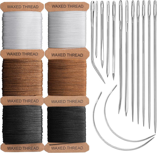 IMZAY 132 Yards Upholstery Repair Kit, 0.55MM and 0.8MM Waxed Sewing Thread with 14 PCS Heavy Duty Needles, Thimbles for Leather Sewing, Bookbinding, Beading, Stitching (3 Colors)