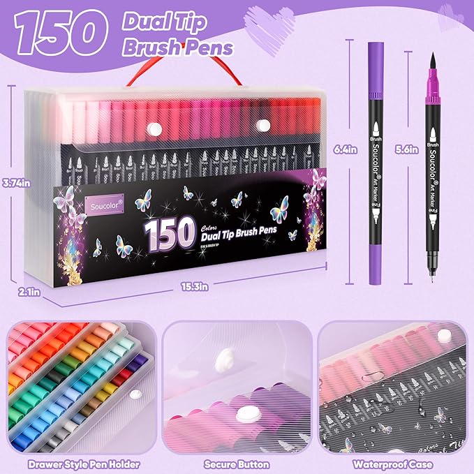 Soucolor Gifts for Women, Gift Baskets for Women Adult, 150 Colors Dual Tip Brush Markers for DIY Journal Kit Coloring Drawing Sketching, Gifts Sets Box