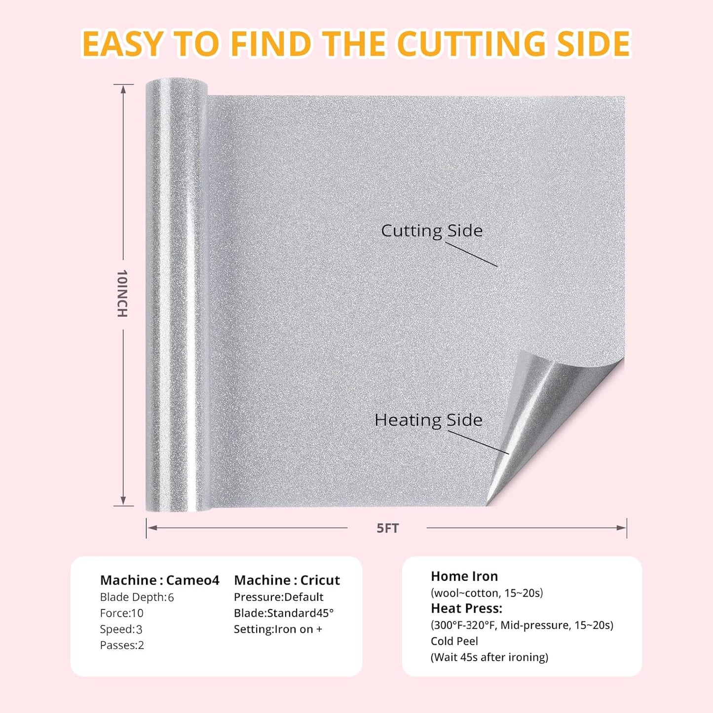 HTVRONT Silver Glitter Heat Transfer Vinyl - 10" x 5FT Silver Glitter HTV Vinyl for T-Shirts, Hats, Shoes & Bags