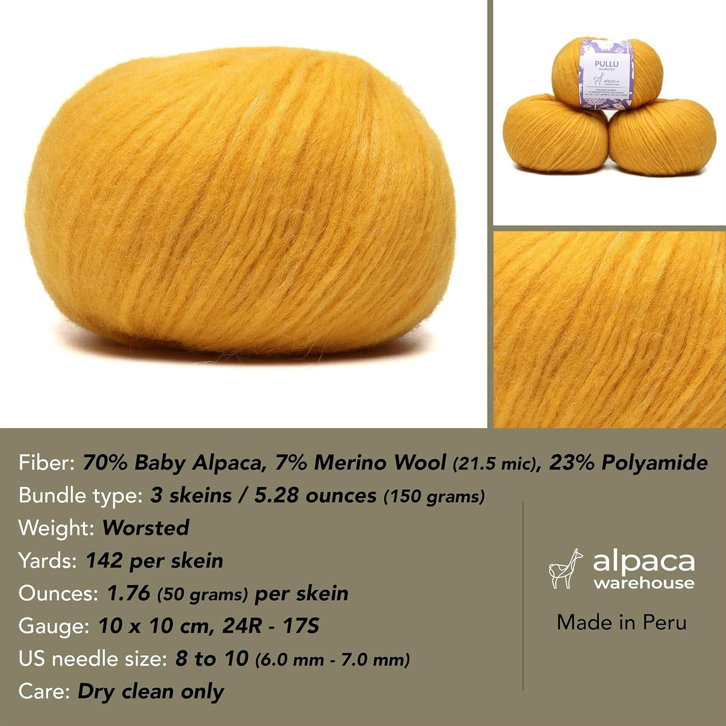 Pullu - Baby Alpaca Merino Wool Yarn Set of 3 Skeins (150 Grams) Worsted Weight - Sourced Directly from Peru - Heavenly Soft and Perfect for Knitting and Crocheting (Golden Yellow)