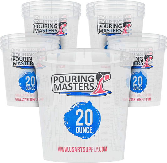 Pouring Masters 20 Ounce (600ml) Graduated Plastic Mixing Cups (Box of 12) - Paint Mixing Cups for Epoxy Resin, Art, Kitchen, Baking - Measurements in OZ and ML, 4 Different Measuring Ratios 1:1