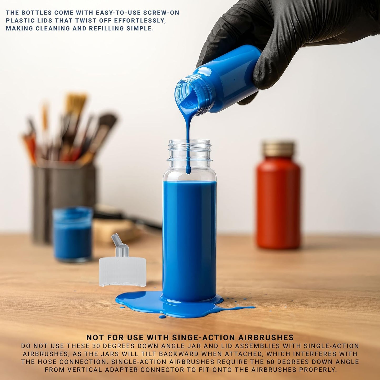 Master Airbrush (Pack of 10 TB-009 Empty 3.4-Ounce (100cc) Plastic Jar Bottles with 30° Down Angle Adaptor Lid Assembly - Fits Dual-Action Siphon Feed Airbrushes, Use with Master Badger Paasche Iwata