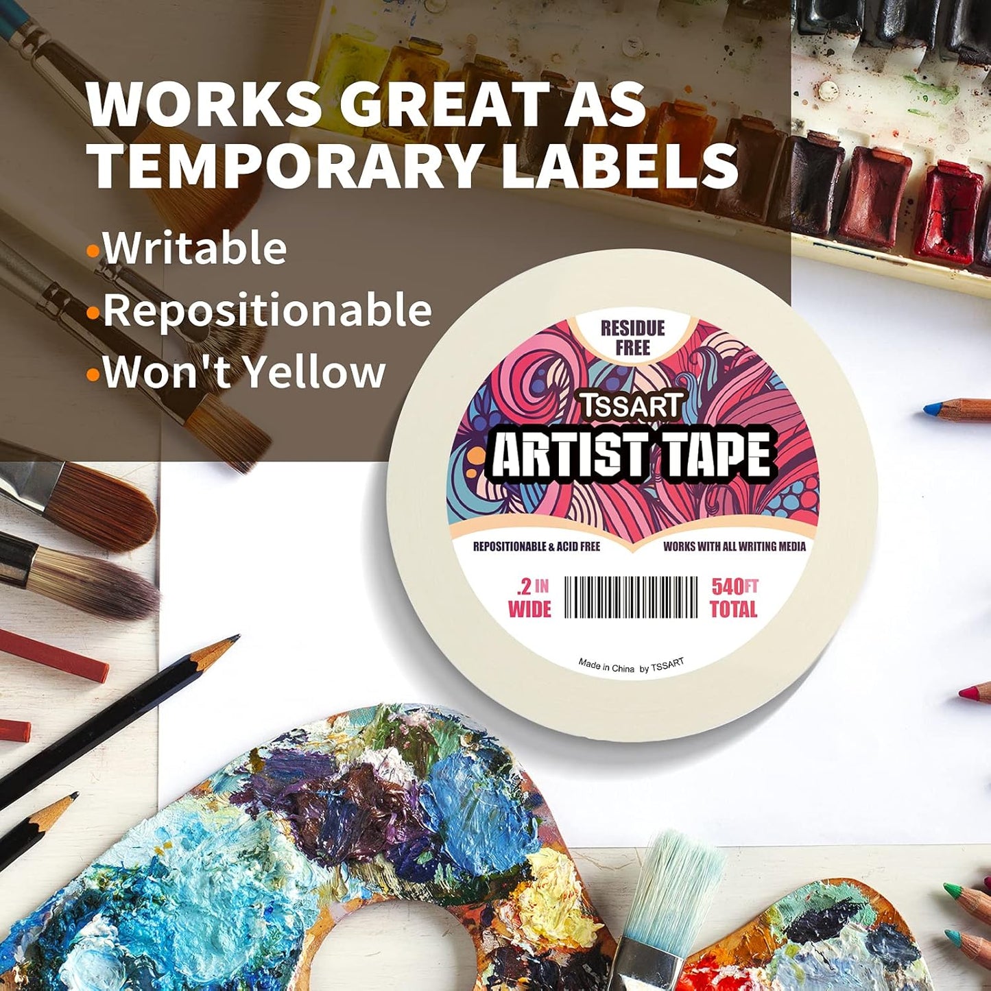 3 Pack White Artist Tape - Masking Artists Tape for Drafting Art Watercolor Painting Canvas Framing - Acid Free 0.2 Inch Wide 180FT Long