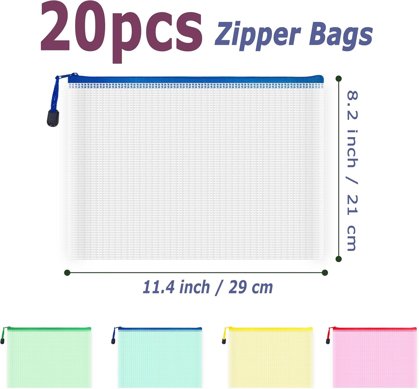 AUSTARK 20 Pcs Zipper File Bags, Plastic Mesh Pouch, Board Game Storage Bag, Waterproof Bags for Office School (B5 Size 11.4''x8.2'', Multicolored)