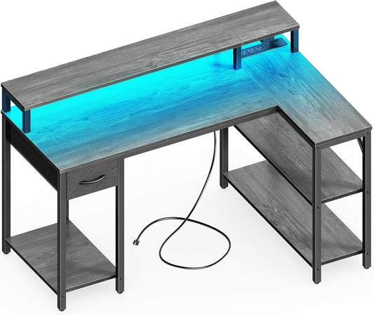 SUPERJARE 47 inch Reversible L Shaped Desk with LED Lights & Power Outlets, Computer Desk with Shelves & Monitor Stand, Gaming Desk with Drawer, Home Office Desk Corner Desk, Grey