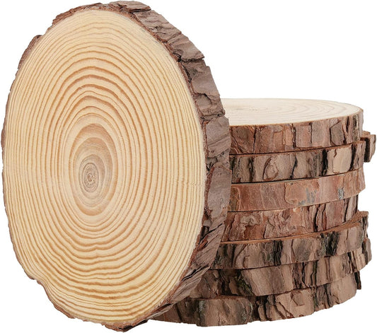 JEUIHAU 8 PCS 8-9 Inches Natural Wood Slices, Unfinished Predrilled Wooden Circles Tree Bark Slice, Blank Wooden Log Circles for DIY Crafts, Arts Wood Slices, Christmas Ornaments