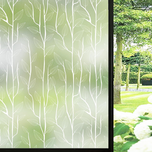 DKTIE Nordic Leaves Window Privacy Film Decorative Stained Glass Sun Blocking Heat Control with Free Installation Tools, Privacy Window Film Day and Night (White, 17.7'' x 78.7'')