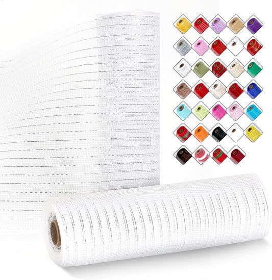 2 Rolls Mesh Ribbon for Wreaths 10 Inch x 30 Foot Wreath Mesh Rolls with Metallic Foil for Easter Christmas Party Wedding Home Decor DIY Craft Projects and Gift Wrapping (White/Sliver)