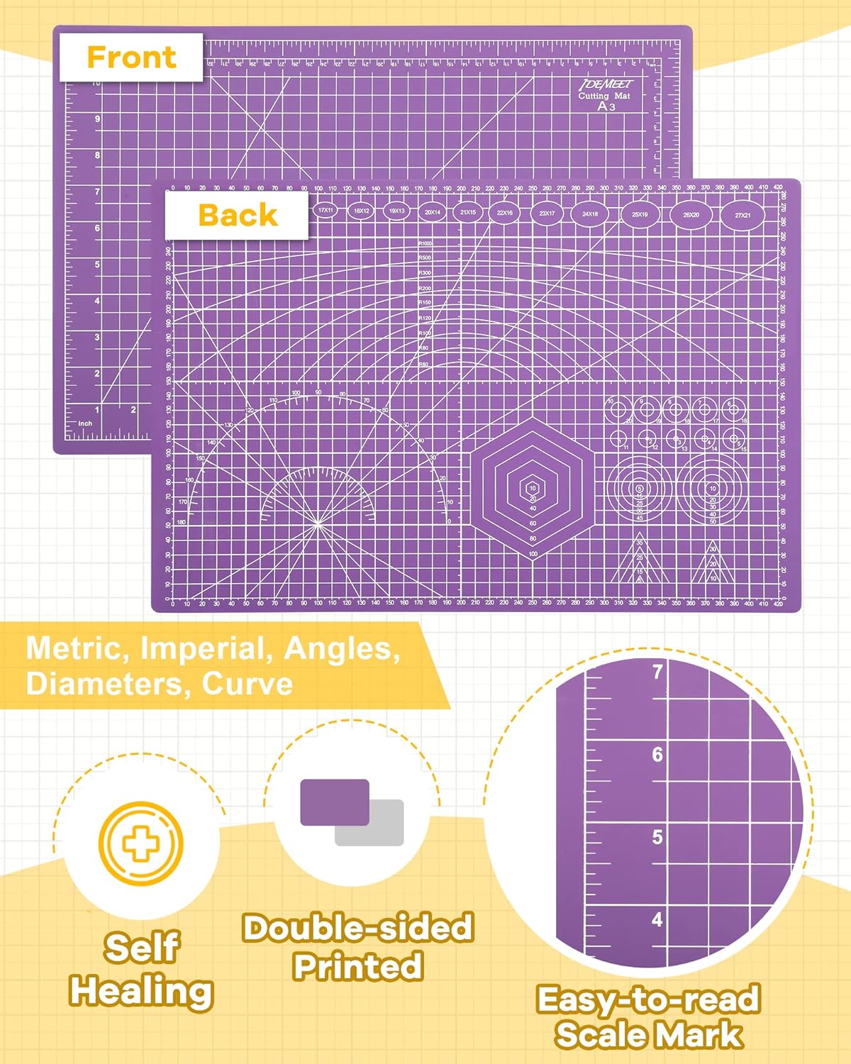 Thickened 18"x12" Self Healing Cutting Mat, Idemeet Rotary Cutting Sewing Mat for Crafts, 5-Ply Blade Table Protector Cut Board for Fabric Leather Cutting Quilting Modeling Hobby Project, A3, Purple