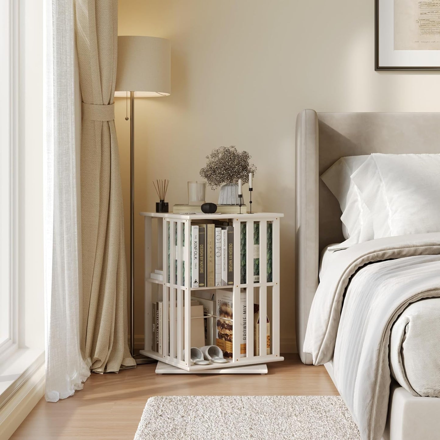 YOWOS Rotating Bookshelf Tower, 360 Display Spinning Bookcase, Bamboo Bookshelf Floor Standing Storage Rack, Wood Narrow Book Shelf Organizer for Kids&Adults (White, 2 Tier)