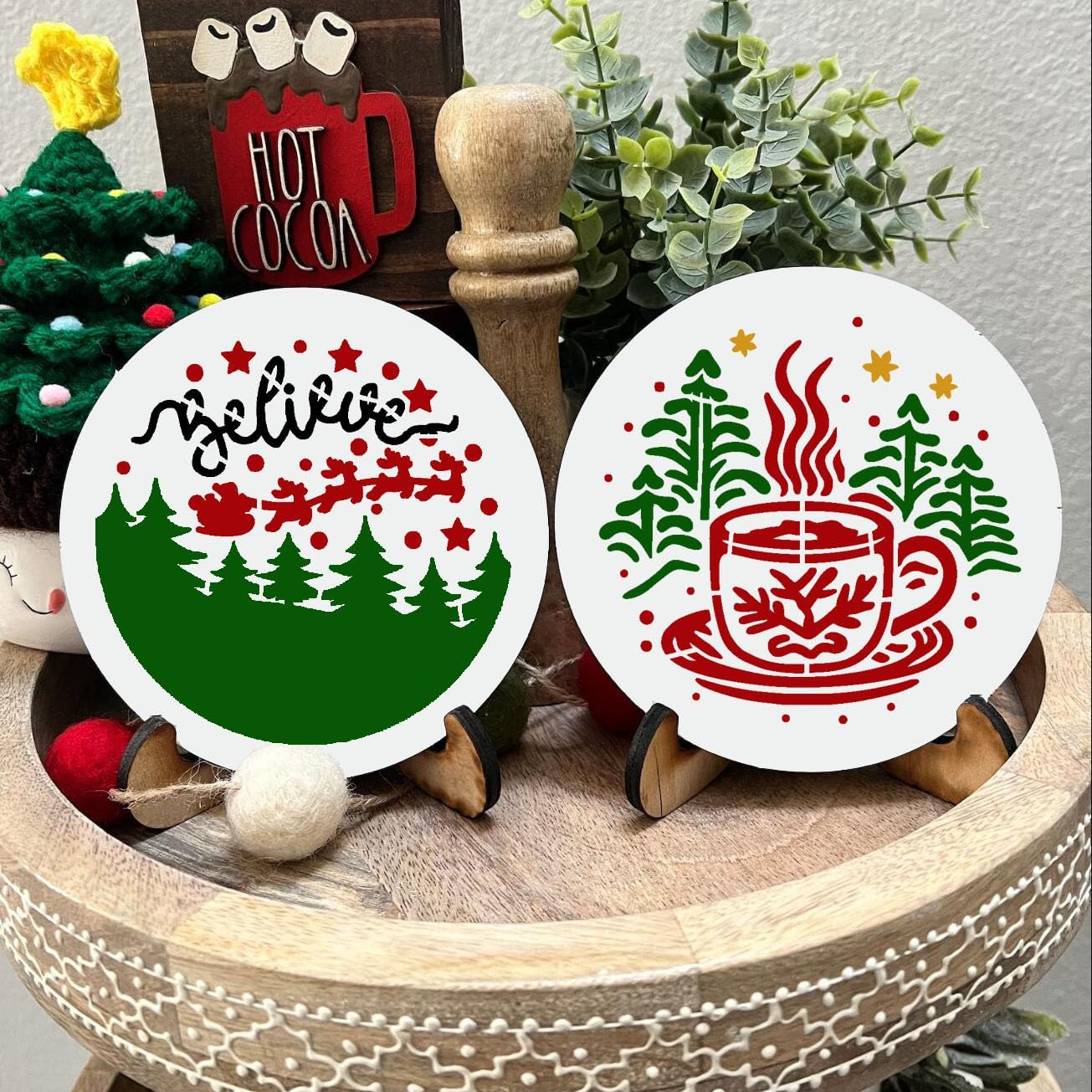 Small Christmas Stencils for Painting on Wood 3inch Christmas Stencils for Crafts Reusable Holiday Stencil Templates for Wood Slice Tier Tray Christmas Tree Decor
