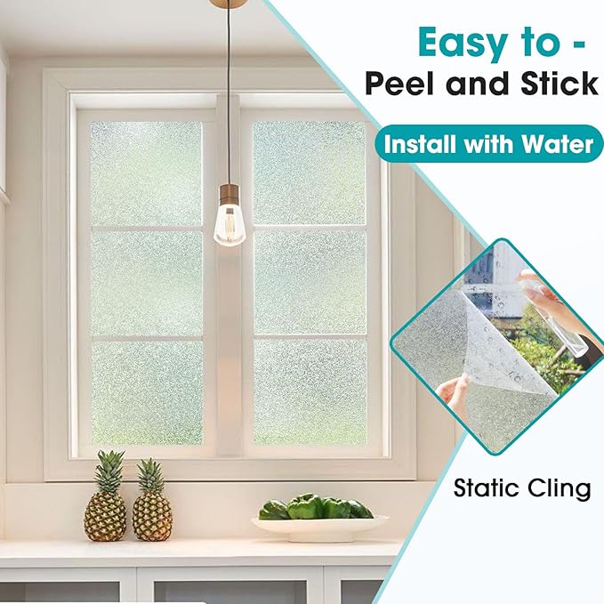 Coavas Window Privacy Film Frosted Glass Static Clings, Decorative Bathroom Door Privacy Film Day and Night, Heat UV Blocking Anti-Glare Frosting Stickers Renter Non-Adhesive, 23.6 x157.5 Inch, Silver