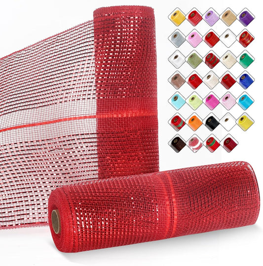 2 Rolls Mesh Ribbon for Wreaths 10 Inch x 30 Foot Wreath Mesh Rolls with Metallic Foil for Easter Christmas Party Wedding Home Decor DIY Craft Projects and Gift Wrapping(Red/Middle)