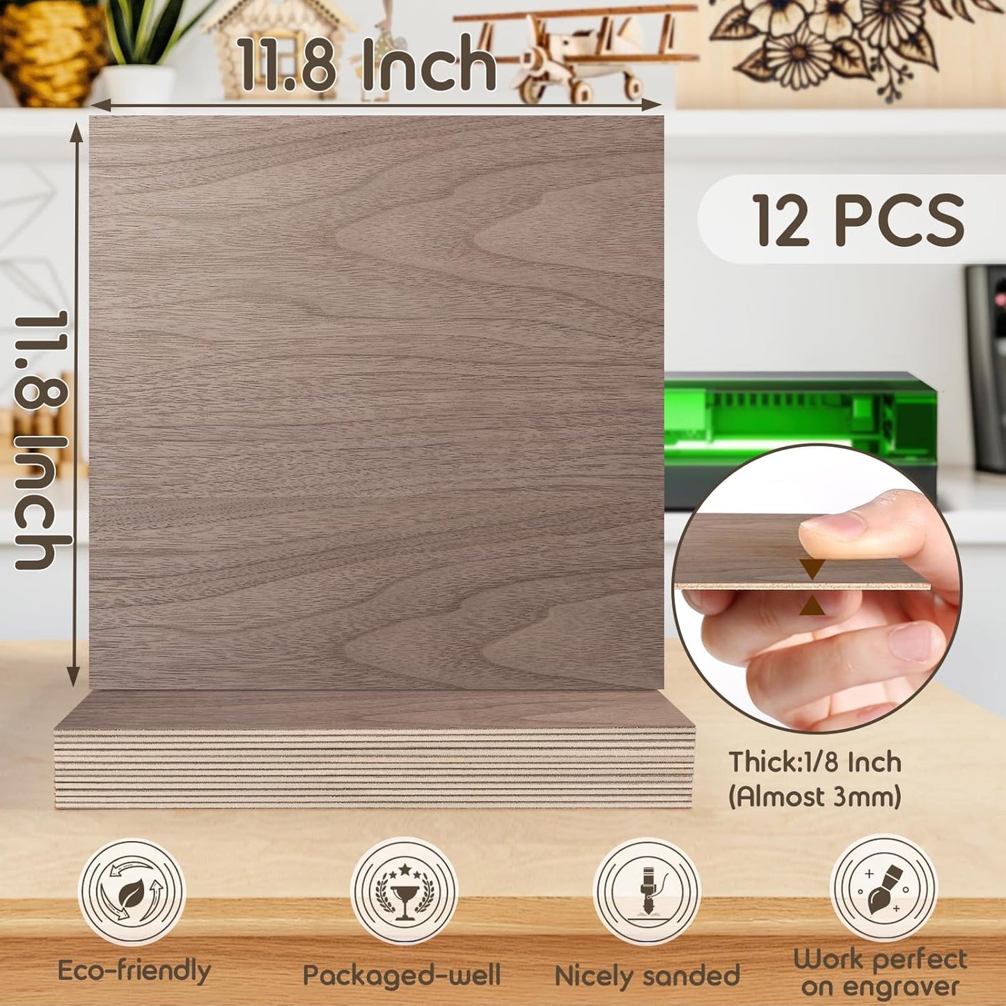 12 Pack 12x12x1/8 Inch Walnut Basswood Sheets, MAPRIAL Smooth 3mm Plywood for Laser Cutting, Unfinished Wood Board for Engraving, Wood Burning, Crafts, Ornaments, Models, Cutter, Engraver, Gifts